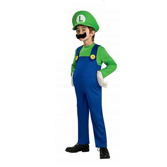 Halloween Unisex Kids Super Brothers Cosplay Jumpsuit Hat Luigi Plumber Costume - Picture 1 of 6
